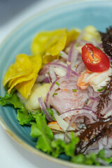 Top view of a dish of ceviche