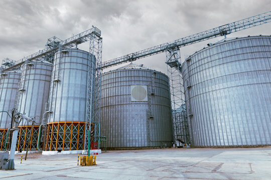 Group of grain dryers complex for drying wheat. Modern grain silo. Metal tanks for storage of grain. Agriculture concept. High quality photo. 