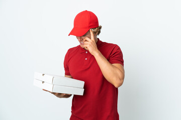 pizza delivery man over isolated white background laughing