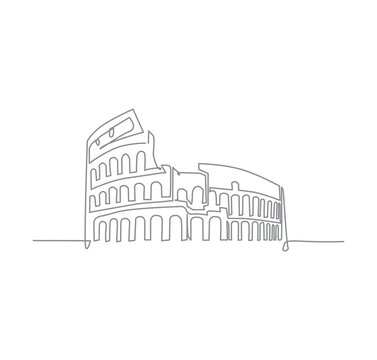 recommend clip art: Continuous line art of Colosseum amphitheater landmark.  Historical iconic building in Rome. Single line drawing with active stroke.
