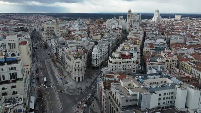 Madrid aerial cityscape with Gran Via and Alcala streets, Spain