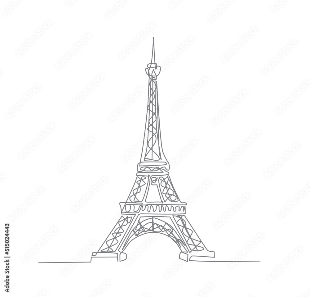 Poster continuous line art of eiffel tower. single line drawing of paris eiffel tower with active stroke.