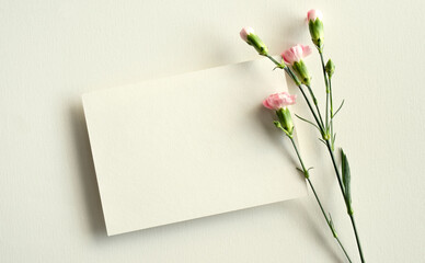 blank white invitation template, rectangle, art canvas texture, soft shadows, flowers for decoration, white background, canvas texture, photo taken from above