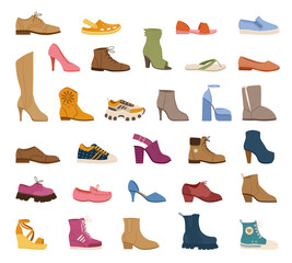 Cartoon stylish male and female footwear, casual shoes and boots. Trendy sneakers, clogs, women's heels and sandals vector symbols illustrations set. Footwear collection