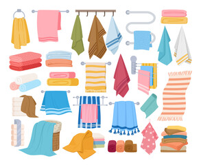 Cartoon textile towels, cartoon fabric hand towels. Shower, beach and hanging foot towel, fabric towels rolls and stacks vector illustrations set. Bathroom towels bundle