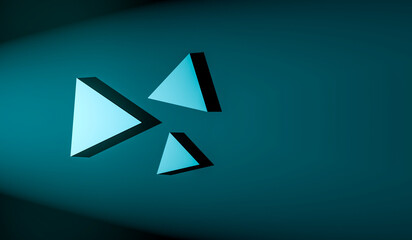 Turquoise triangles with reflection. Triangles of different sizes illuminated in turquoise with shadows. 3D render.