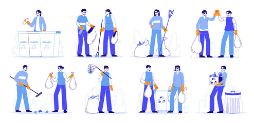 Fototapeta na wymiar Collecting trash, people sorting waste and clean up garbage. Characters cleaning and taking care of environment vector symbols illustrations set. Volunteers collecting trash