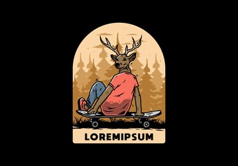 Man with deer head sitting on skateboard illustration