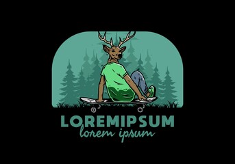 Man with deer head sitting on skateboard illustration