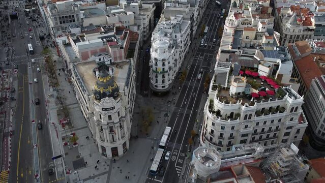Madrid aerial cityscape with Metropolis Building and Edificio Grassy, Spain