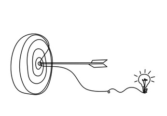 Abstract arrow on target circle with light bulb as continuous lines drawing on white background. Vector