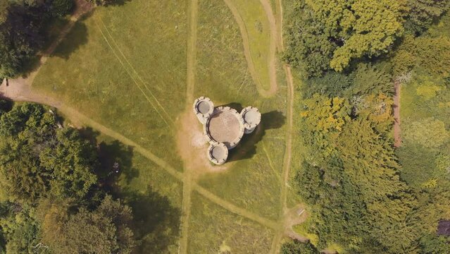 Aerial of castle in the woods - Blaise Castle estate, Bristol, UK