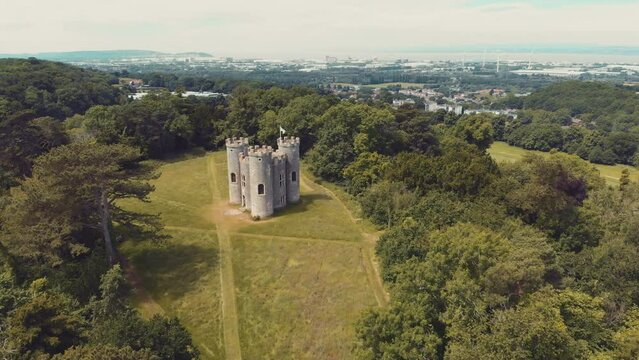 Aerial of castle in the woods - Blaise Castle estate, Bristol, UK
