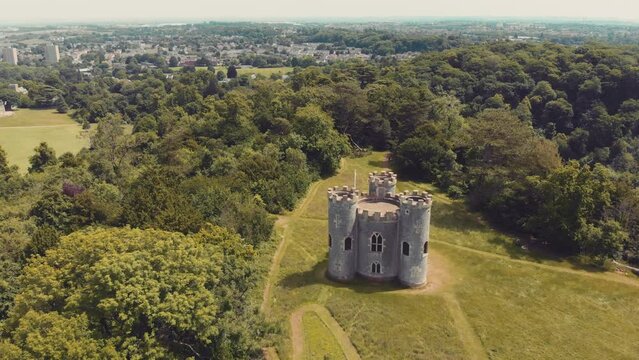 Aerial of castle in the woods - Blaise Castle estate, Bristol, UK