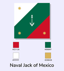 Vector Illustration of Naval Jack of Mexico flag isolated on light blue background. Naval Jack of Mexico flag with Color Codes. As close as possible to the original.