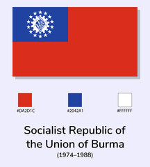 Vector Illustration of Socialist Republic of the Union of Burma (1974–1988) flag isolated on light blue background. Illustration Socialist Republic of the Union of Burma flag with Color Codes.