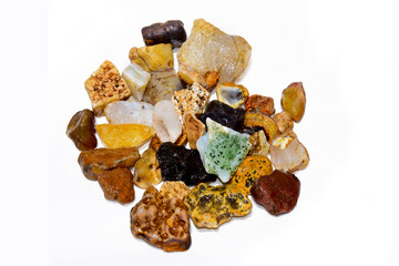 Colorful collection of small river stones on white background, River stones background.
