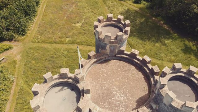 Aerial of castle in the woods - Blaise Castle estate, Bristol, UK