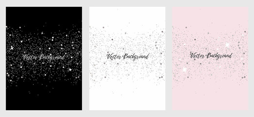 Sparkling falling silver dust. Set of vector backgrounds with glitter and space for text
