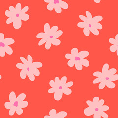 Seamless vector pattern with abstract pink flowers on red background. Hippie, groovy, retro style Blossom background for textile, fashion, scrapbooking etc.