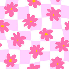 Pink groovy seamless pattern with pink abstract daisy flowers and distorted cage. Fashionable background in 00s, 90s, y2k style. 