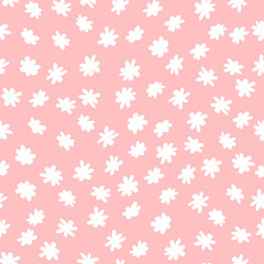 Seamless pattern with small white flowers. Vector blossom pink background for textile, fashion, scrapbooking etc.