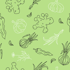 Seamless vector pattern vegetables. Drawing, sketch, doodles. Onion, garlic, ginger, pepper. Vitamin vegetarian food set. Healthy food.