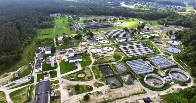 aerial view modern wastewater sewage treatment plant of the city