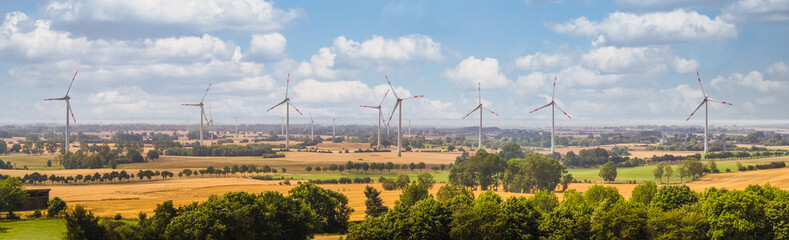 Panorama of a wind turbine near Heiligenhafen, a rural area in germany