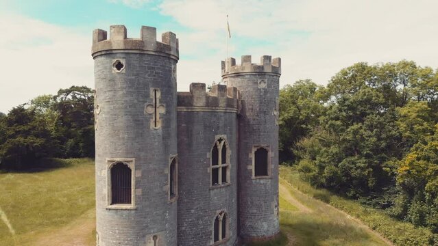 Aerial of castle in the woods - Blaise Castle estate, Bristol, UK