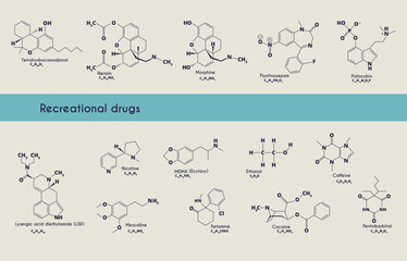 Recreational drugs molecule. MDMA (ecstasy), heroin, caffeine, morphine, tetrahydrocannabiol, flunitrozepam, psilocybin, LSD, mescaline, nicotine, ethanol, pentabarbital, cocaine, ketamine. Vector. - obrazy, fototapety, plakaty