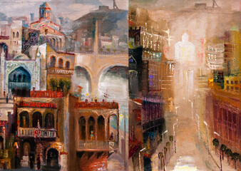 oil painting, urban view of Turkish city, 2 in 1