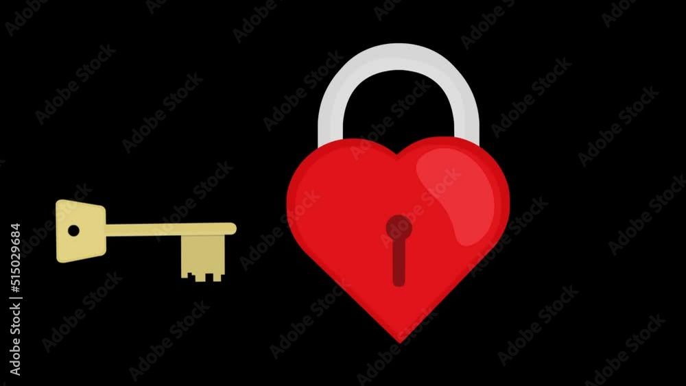 Poster animation of a key opening a padlock in the shape of a heart, on a transparent background