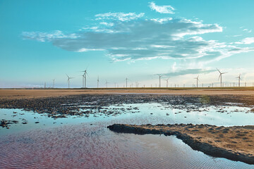 Wind turbines near the lake. Sunset landscape.