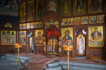 Fototapeta na wymiar Interior of church in Holy Intercession Holosiivsky Monastery in Kyiv, Ukraine 