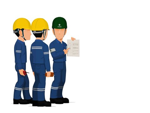 HSSE officer is instructing workers on white background