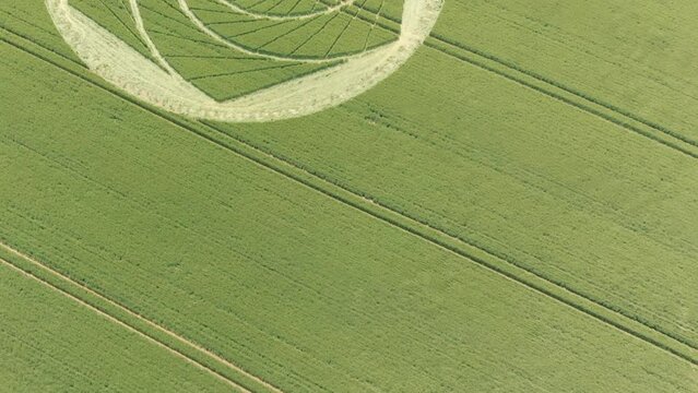Aerial drone view of crop circle formation in corn field, Avebury, Wiltshire, UK