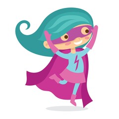 Vector illustrations in flat design of girl superhero in funny comics costume