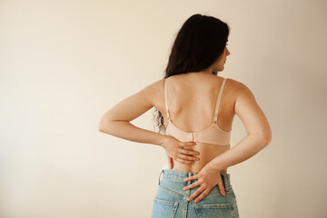 Rachiocampsis bachache of woman. Scoliosis is sideways curvature of the spine. Rheumatism and...
