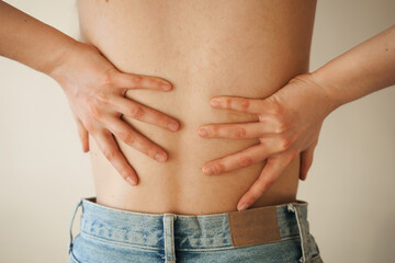 Naklejka premium Kidney infection pyelonephritis urinary tract infection. Attractive woman feel backache spine pain because of UTI pyelonephritis disease.