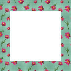 Invitation or card template with pink flowers on checkered background. Summer botanical greenery frame. Save the date card template isolated on white invitation frame.