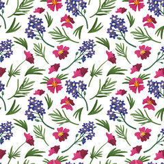 Romantic floral pattern with pink and violet flowers. Summer botanical greenery. Ornament template isolated on white.