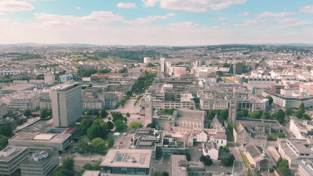 Aerial drone shot of the city of Plymouth, England