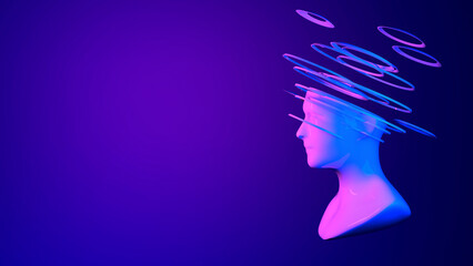 3d digital abstract human face on a dark background. Futuristic face cut into colored slices. Metaverse, artificial intelligence Ai concept.