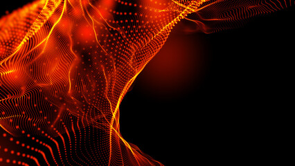 abstract curved yellow-orange lines with curved lines in the form of orange dots of different sizes with the addition of orange highlights on a black background. Template for cover, flyer or banner