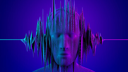3d digital human face in abstract sound data wave flow. Futuristic had on blue background. Metaverse, artificial intelligence Ai concept.
