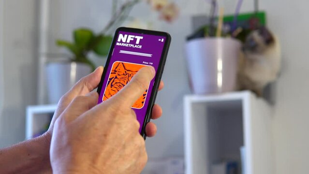 Selling and buying modern digital art for business and collection. New digital economies. Browsing online NFT marketplace with many Non-fungible displaying tokens to be bought.