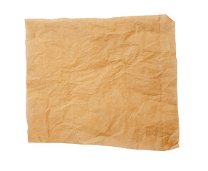 Square shape of crumpled thin brown paper, parchment  paper isolated on white .