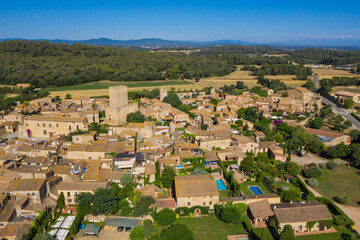 Fototapeta na wymiar Peratallada is a town in the municipality of Forallac, in the county of Baix Empordà, in Catalonia, Spain. Aerial photo top view from above
