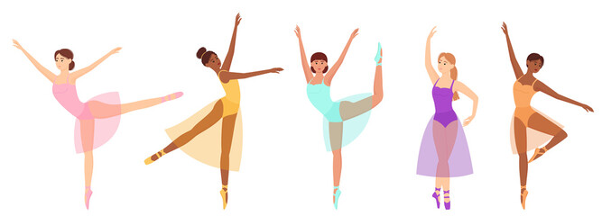 Ballet dancer. Beautiful dancing ballerina. Set of graceful women in ballet dresses, vector illustration